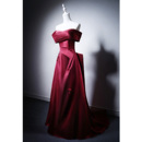 MISSQIAN 酒红色一字肩缎面A摆裙新娘订婚敬酒服轻婚纱旅拍女