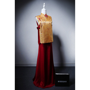 MISSQIAN金色立领无袖 国风订婚礼服敬酒服新娘晨袍 马甲长裙新中式