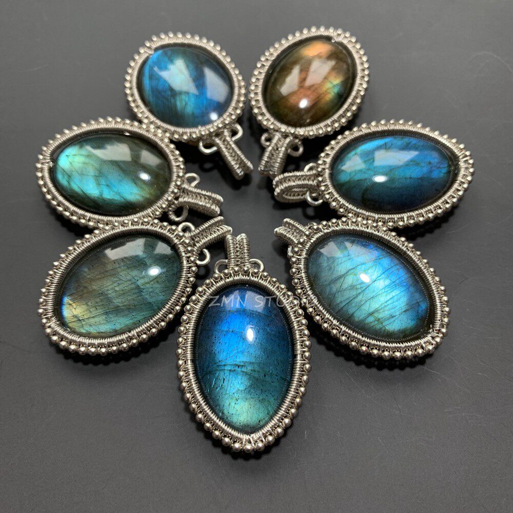 ZMN/明镜/小众设计简洁纯银手工绕线天然拉长石水晶宝石吊坠项链