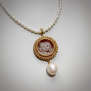 ZMN/小众手工复古14k绕线玛瑙浮雕卡梅奥猫咪宝石吊坠珍珠项链女
