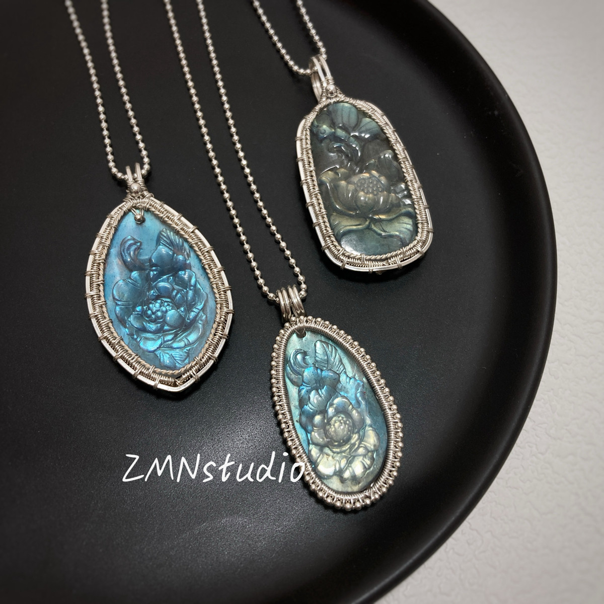 ZMN/芳菲/原创手工925纯银绕线天然拉长石雕刻花朵宝石吊坠项链