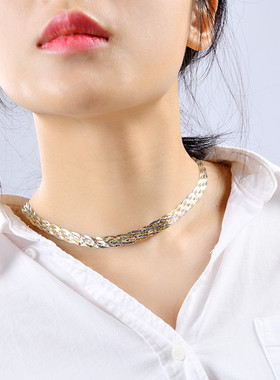 奢华闪亮S925纯银项链女意大利三色彩银六线编织时尚银饰锁骨颈链