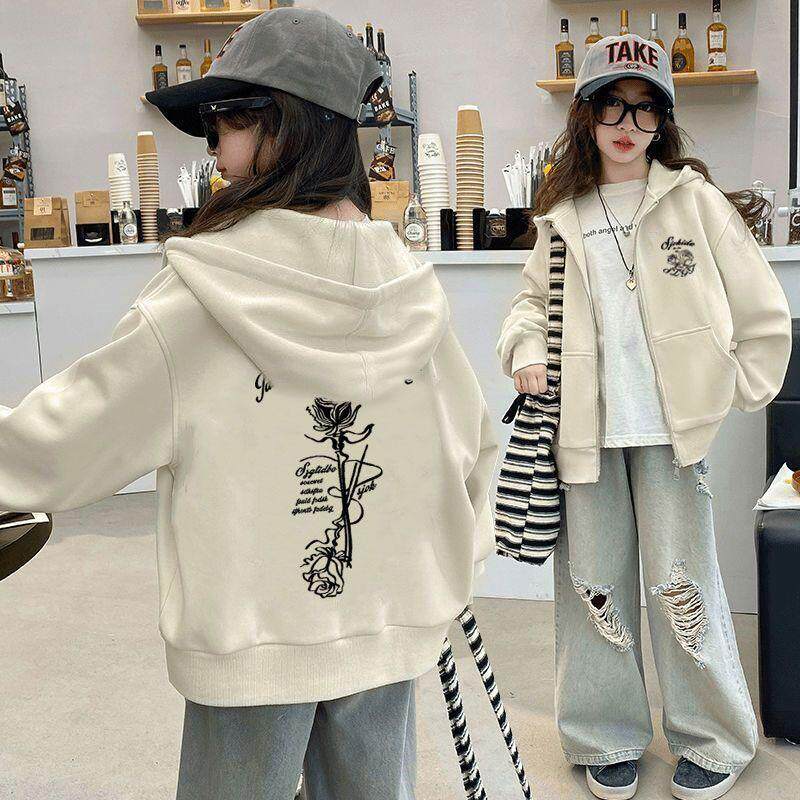 女童卡通印花纯色加厚连帽卫衣外套2024秋冬新款韩版网红女孩上衣