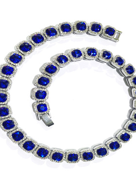 跨境四方形蓝宝石个性镶钻项链合金高级冰糖钻项链男女同款颈链