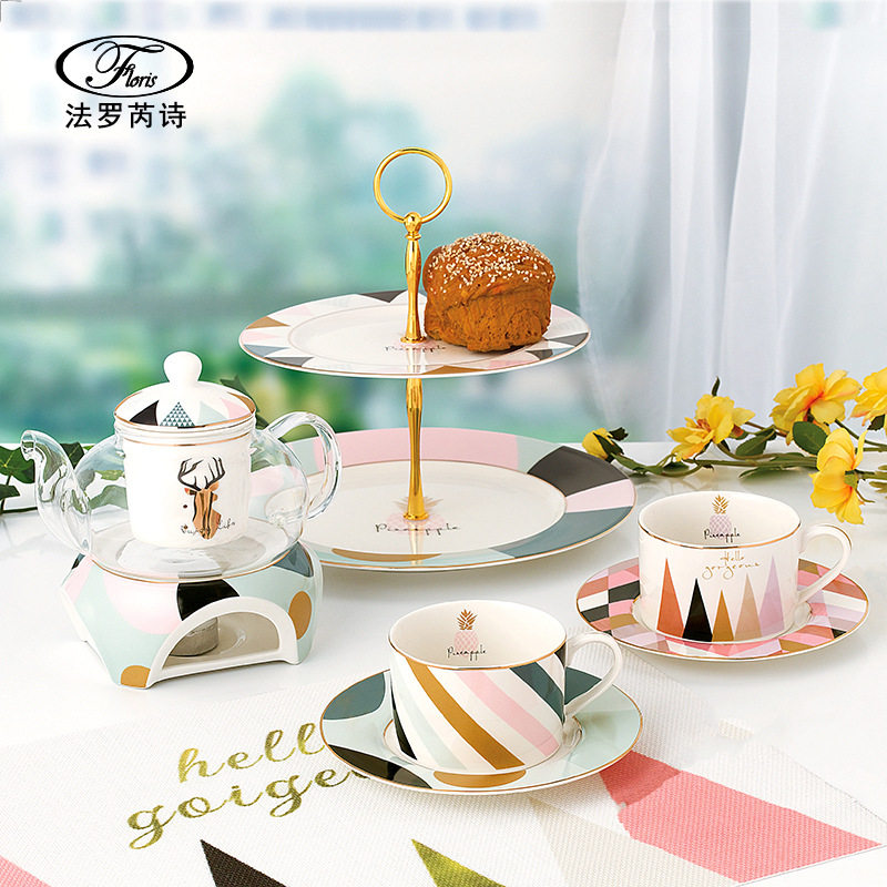 Floris北欧骨瓷咖啡具家用咖啡壶套装点心蛋糕盘果茶壶温茶炉