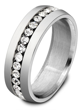 欧美跨境6MM复古做旧简约个性单排镶锆不锈钢戒指钛钢批发热卖女