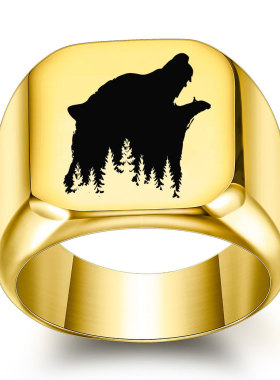 欧美创意激光雕刻18MM方形狼头森林狼戒指复古朋克方形18MM批发女