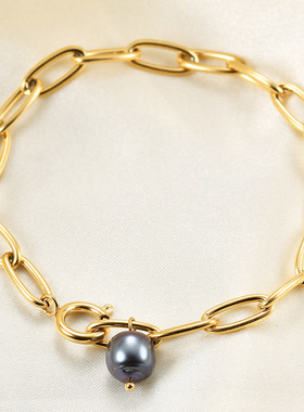 欧美跨境新品时尚18K金简约挂黑珍珠20CM别针手链百搭不锈钢批发