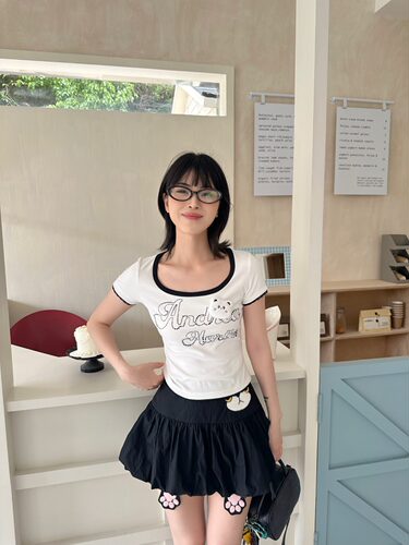 Andrea Martin26春夏新品小熊撞色短袖 T 恤时尚百搭潮流上衣女T