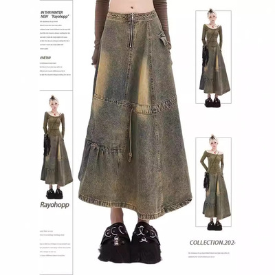 Rayohopp牛仔裙女胖mm国潮复古做旧设计大码甜酷风休闲百搭半身裙