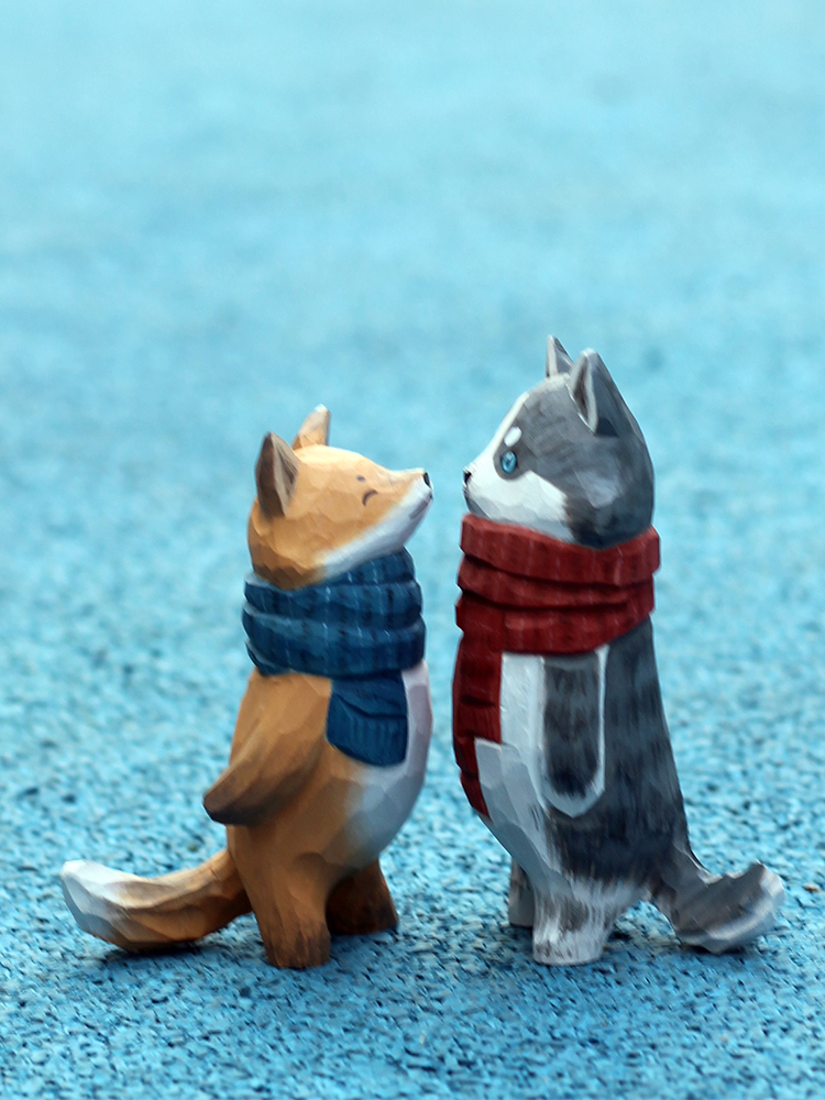 [两只单身狗]手工原木质哈士奇柴犬狗狗摆件圣诞节日礼物家居饰品