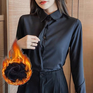 加绒加厚黑色衬衫女秋冬长袖新款工作服大码工装内搭保暖白衬衣女