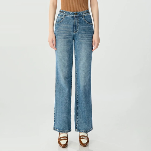 微弹新款砂洗自然腰牛仔拉链直筒