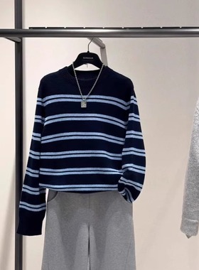 阿玛施2025秋冬新款时尚百搭圆领套头撞色条纹羊毛针织衫女138073