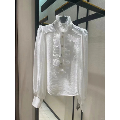 阿玛施法式灯笼袖木耳边衬衫女装