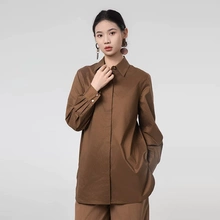 阿玛施宽松单排扣秋行款休闲气质单件长袖中长款衬衫女装5300701