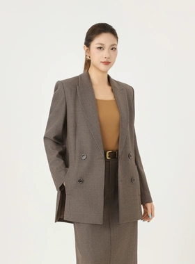 长袖西服2025小众设计通勤气质格纹双排扣西装外套秋冬女装140002