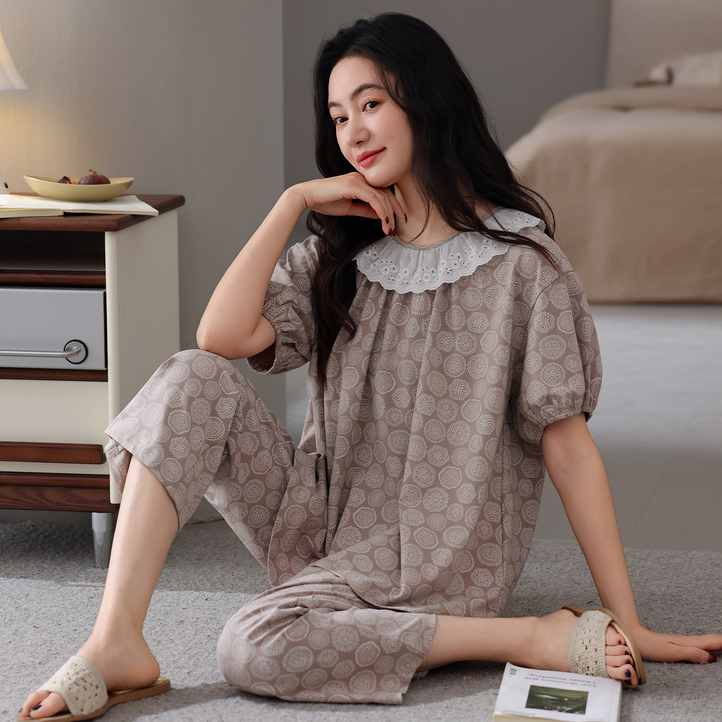 【莱卡棉】睡衣女士夏季纯棉短袖七分裤薄款带胸垫宽松高级感睡衣