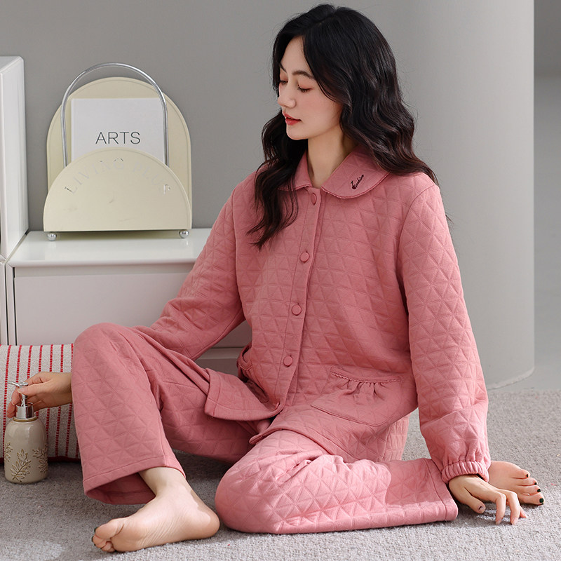 睡衣女春秋款加厚纯棉长袖秋冬夹棉冬季保暖空气棉夹层冬款家居服