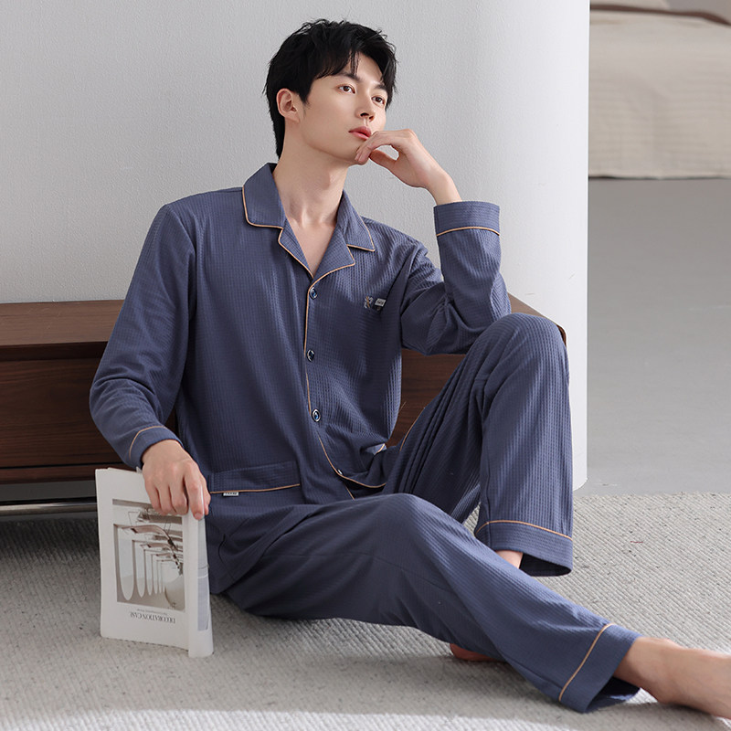 睡衣男士春秋款华夫格纯棉长袖男款秋季加大码开衫秋冬薄款家居服