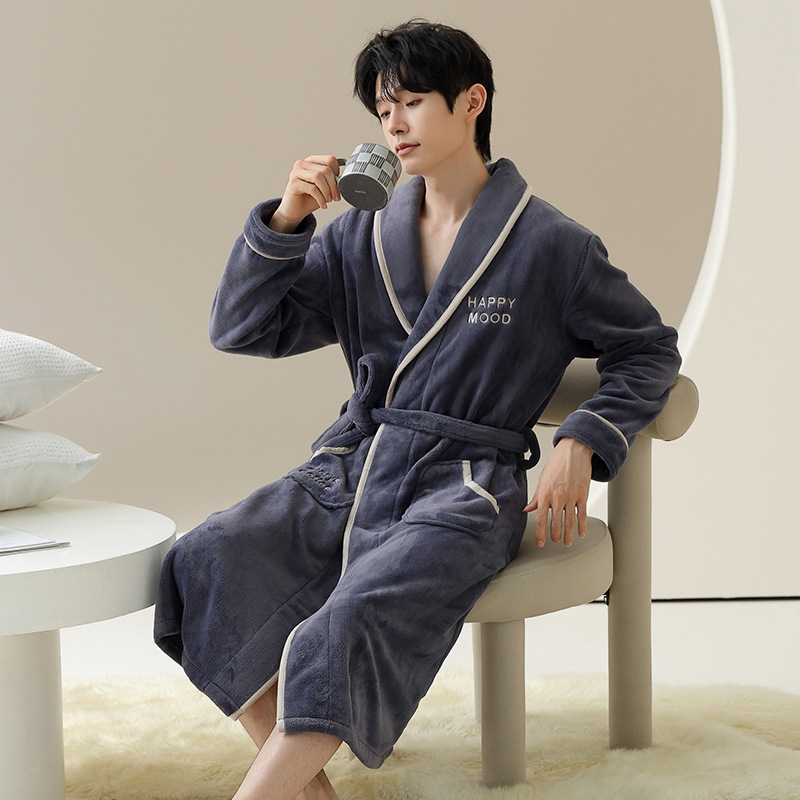 睡袍男士睡衣冬季珊瑚绒加厚加绒男款秋冬法兰绒长款浴袍冬款浴衣