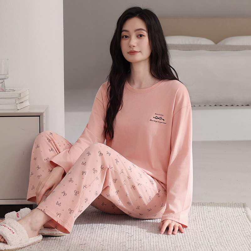 睡衣女春秋季长袖纯棉套头2026新款全棉粉色简约家居服可外穿套装