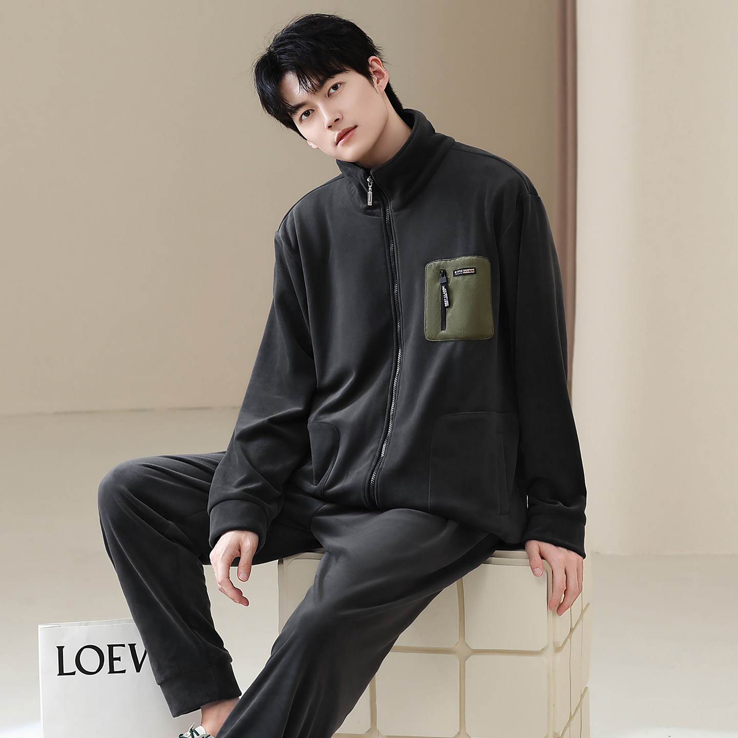 海岛绒睡衣男款秋冬季加厚加绒立领拉链款保暖可外穿抗静电家居服