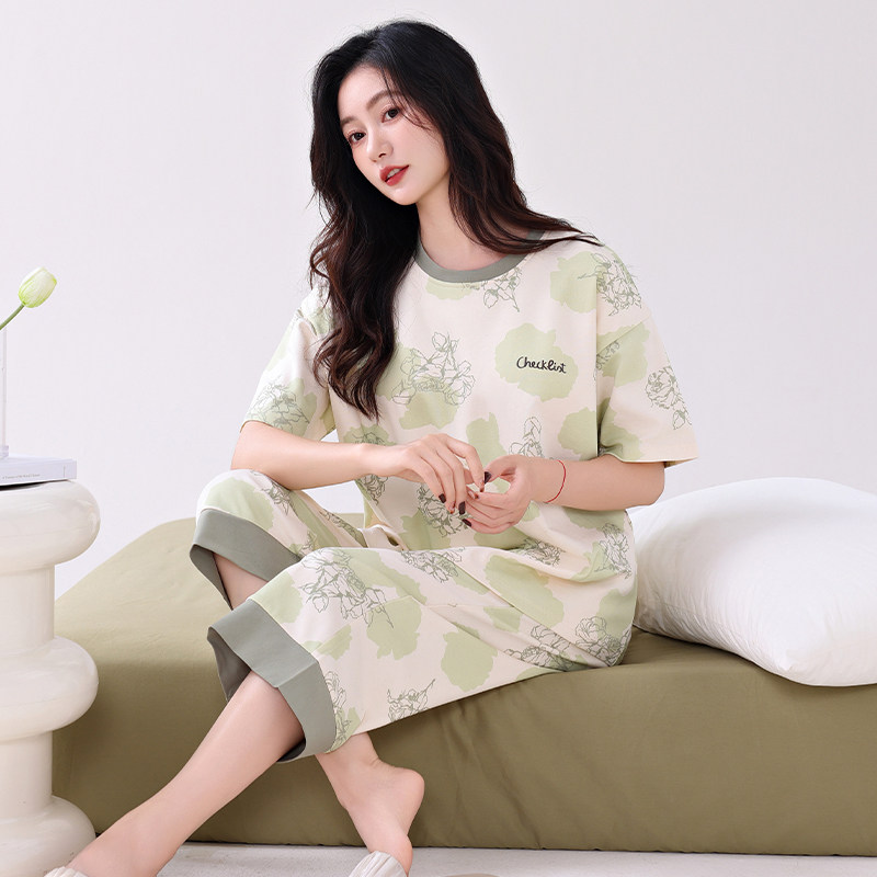 睡衣女款纯棉夏季2026新款夏天高级感绿植物大码带胸垫外穿家居服