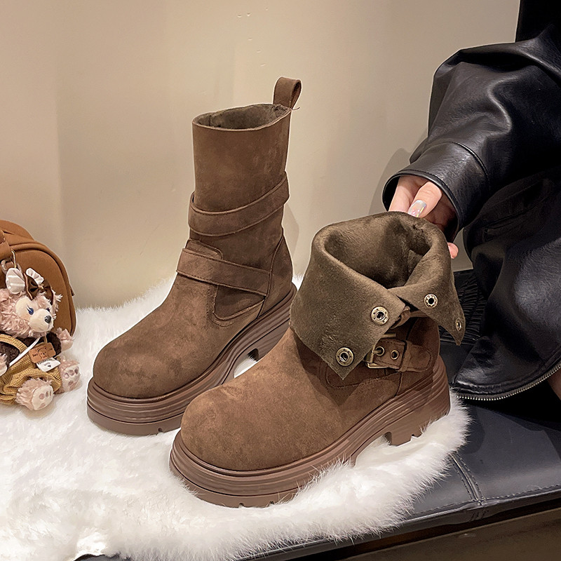 复古中筒两穿马丁靴女厚底骑士靴