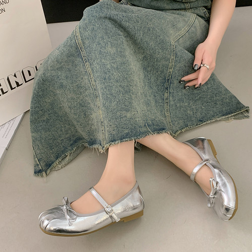 法式银色浅口芭蕾风玛丽珍单鞋女