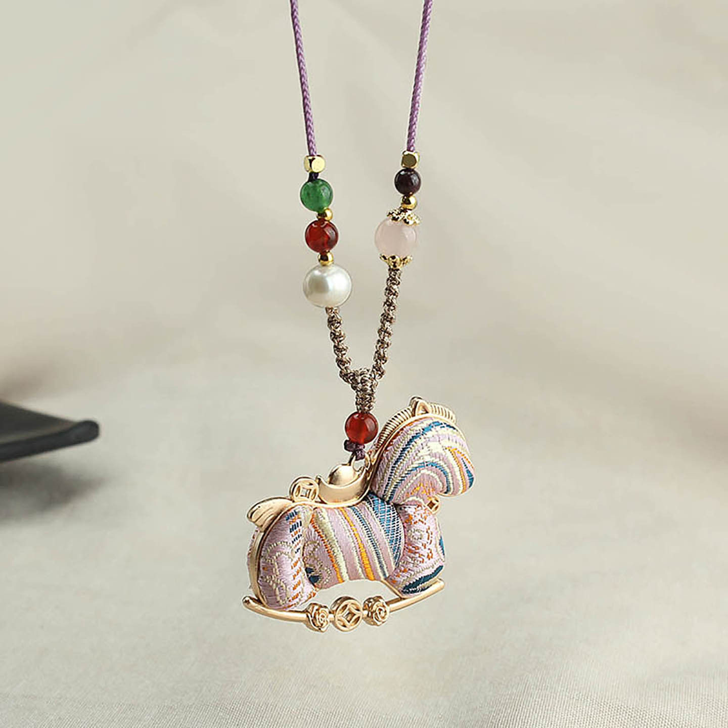 非遗仿宋锦双面小马吊坠项链新中式毛衣链马上有钱国风旗袍挂链