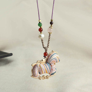 非遗仿宋锦双面小马吊坠项链新中式毛衣链马上有钱国风旗袍挂链