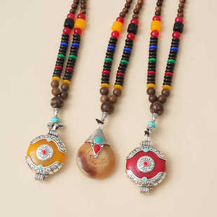 复古民族风藏族长款毛衣链女国风棉麻配饰百搭手工串珠木珠项链男