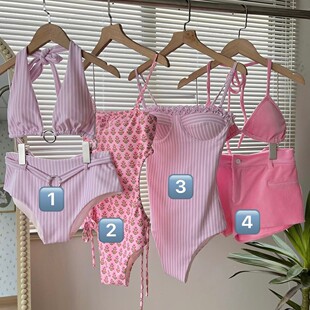 泳衣女新款 性感甜美可爱连体比基尼辣妹风印花条纹小胸度假泡温泉