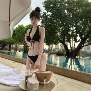 泳衣女黑色纯欲性感比基尼三点式 小胸绑带显瘦温泉沙滩度假bikini