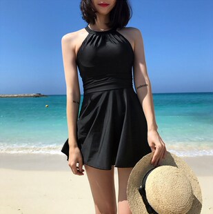 韩国ins泳衣女黑色平角裙式 小胸温泉游泳衣 连体遮肚显瘦保守大码