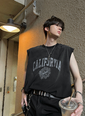 junmanner 字母印花水洗美式复古休闲圆领透气背心夏季男无袖T恤