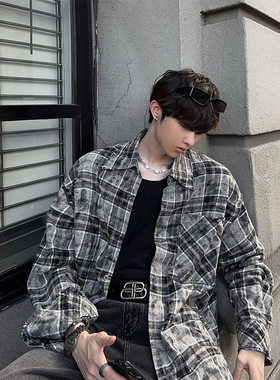 junmanner 做旧撞色格纹美式复古潮流翻领长袖衬衫春夏季男生衬衣