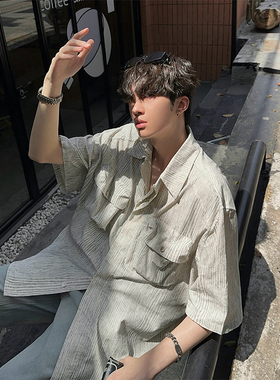 junmanner 条纹泡泡美式潮流复古翻领长袖衬衫上衣春夏季男生衬衣