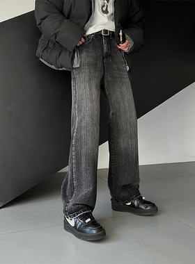 junmanner 美式休闲vibe风裂纹黑灰色牛仔裤男潮直筒微喇显瘦长裤