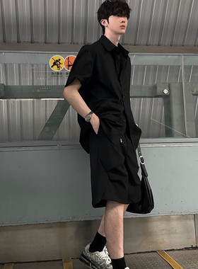 junmanner 褶皱美式复古潮流休闲宽松直筒五分工装裤夏男工装短裤