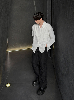 junmanner 分割拼接假两件双口袋设计长袖衬衫上衣春夏季男生衬衣