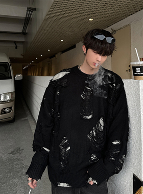 junmanner 假两件套头毛衣加厚破洞镂空针织衫慵懒风外套高级感