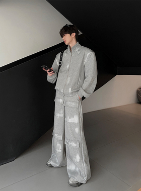 junmanner 灰色刷漆卫衣套装韩版潮流宽松休闲长袖卫裤秋冬男外套