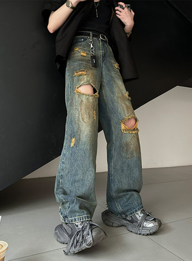 junmanner 做旧破洞美式复古耐磨直筒牛仔裤2025夏季男生长裤裤子