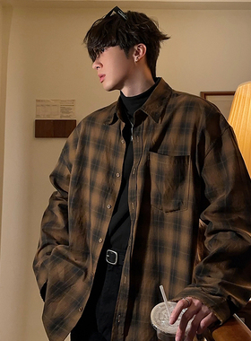 junmanner 格子落肩美式复古潮流翻领长袖衬衫上衣春夏季男生衬衣