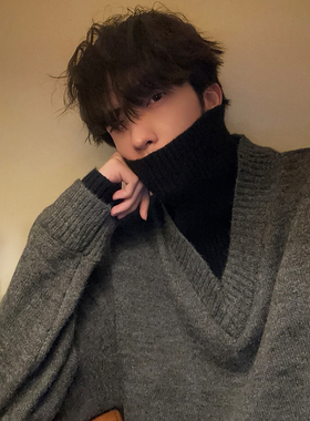 junmanner V领灰色学院美式潮流加厚保暖上衣冬男打底针织衫毛衣