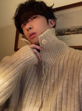 junmanner 翻领条纹韩版加厚保暖上衣秋冬男生打底针织衫毛衣外套