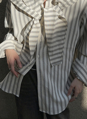 junmanner 蝴蝶结条纹日式复古潮流翻领长袖衬衫上衣春夏男生衬衣