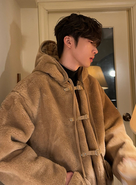 junmanner 羊绒羊羔毛连帽潮流复古加绒加厚毛呢大衣秋冬男生外套